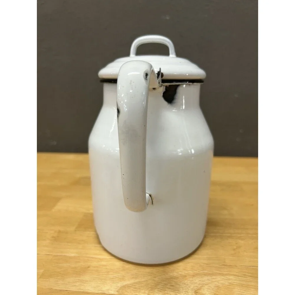 Vintage Enamelware Cowboy Coffee Pot Kettle White Black Camp Farmhouse Rustic